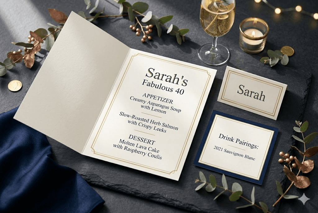 Printed menu suite for a milestone birthday dinner