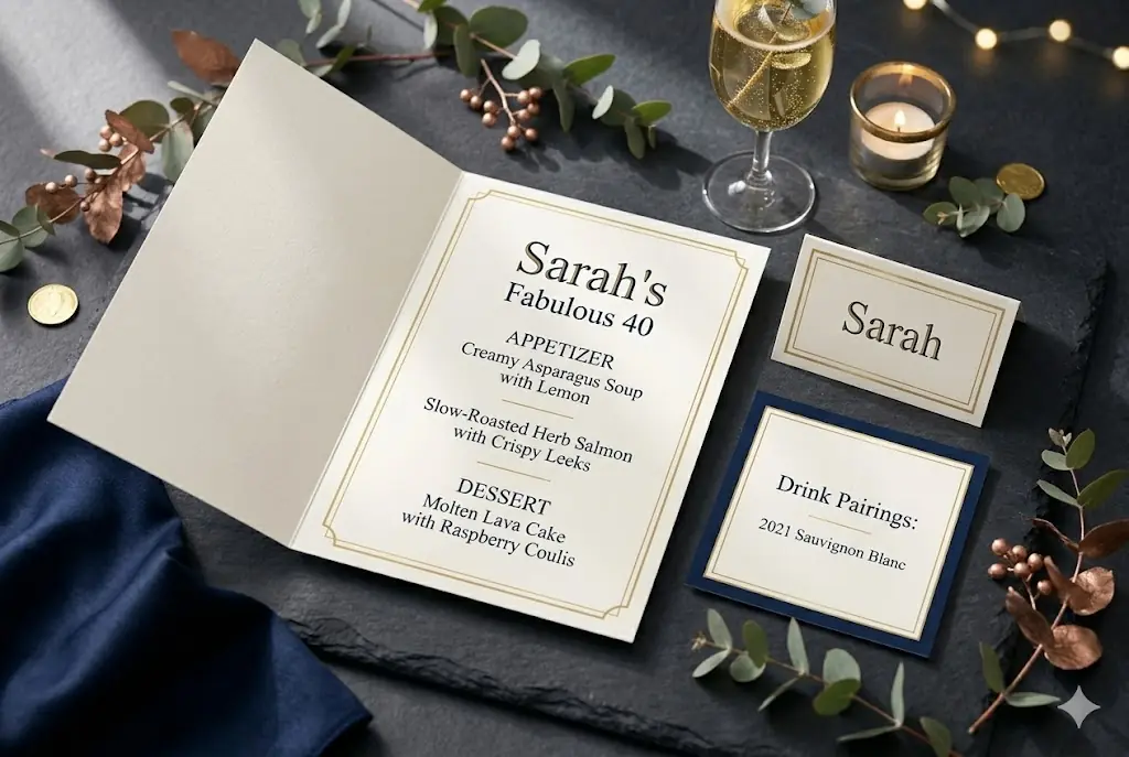 Printed menu suite for a milestone birthday dinner