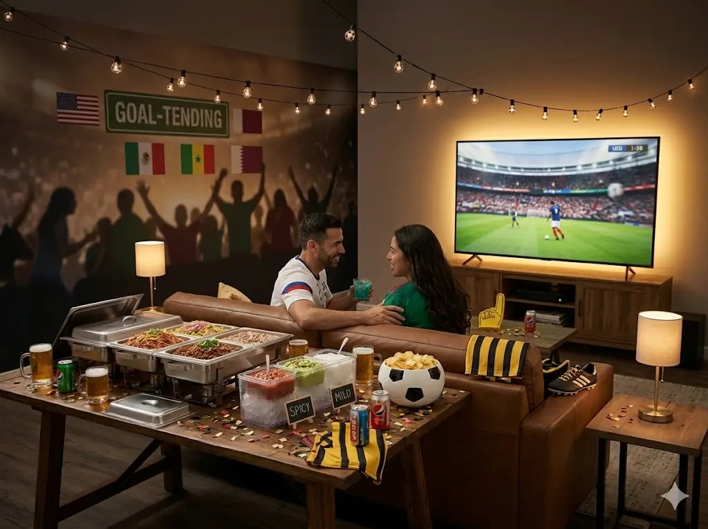 Snack-focused match-night table with party serving pieces.