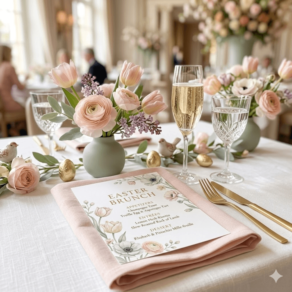 Elegant Easter brunch table with flowers, champagne, and pastel spring styling.