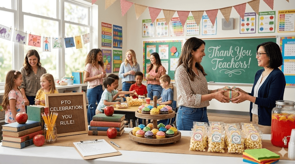 School event setup with bright themed decor and celebration styling for a classroom or campus party.