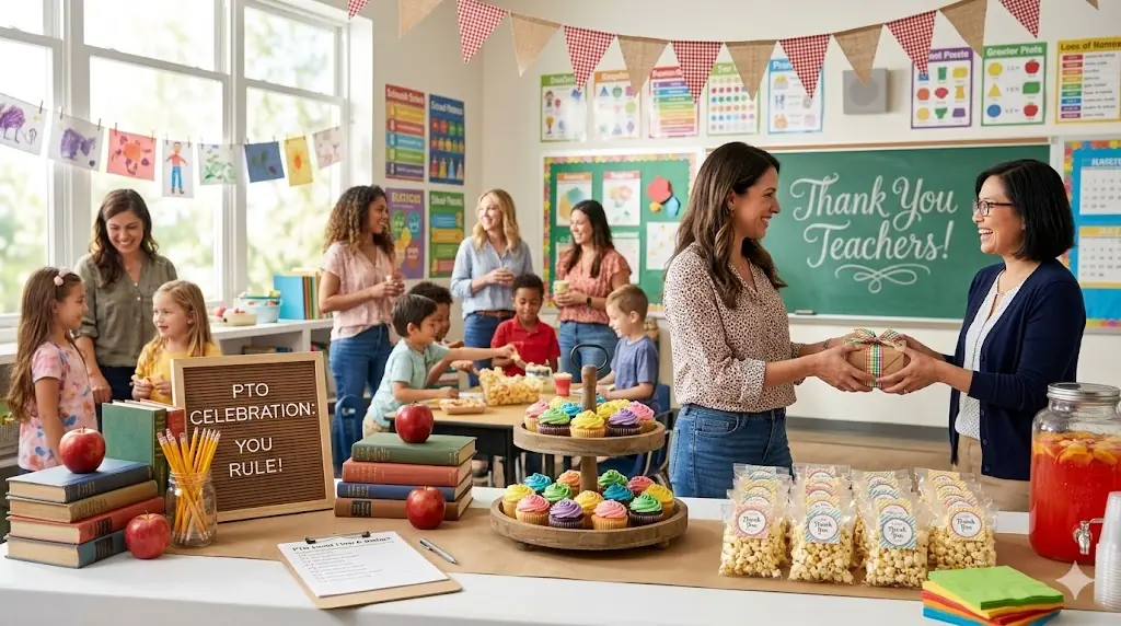 School event setup with bright themed decor and celebration styling for a classroom or campus party.