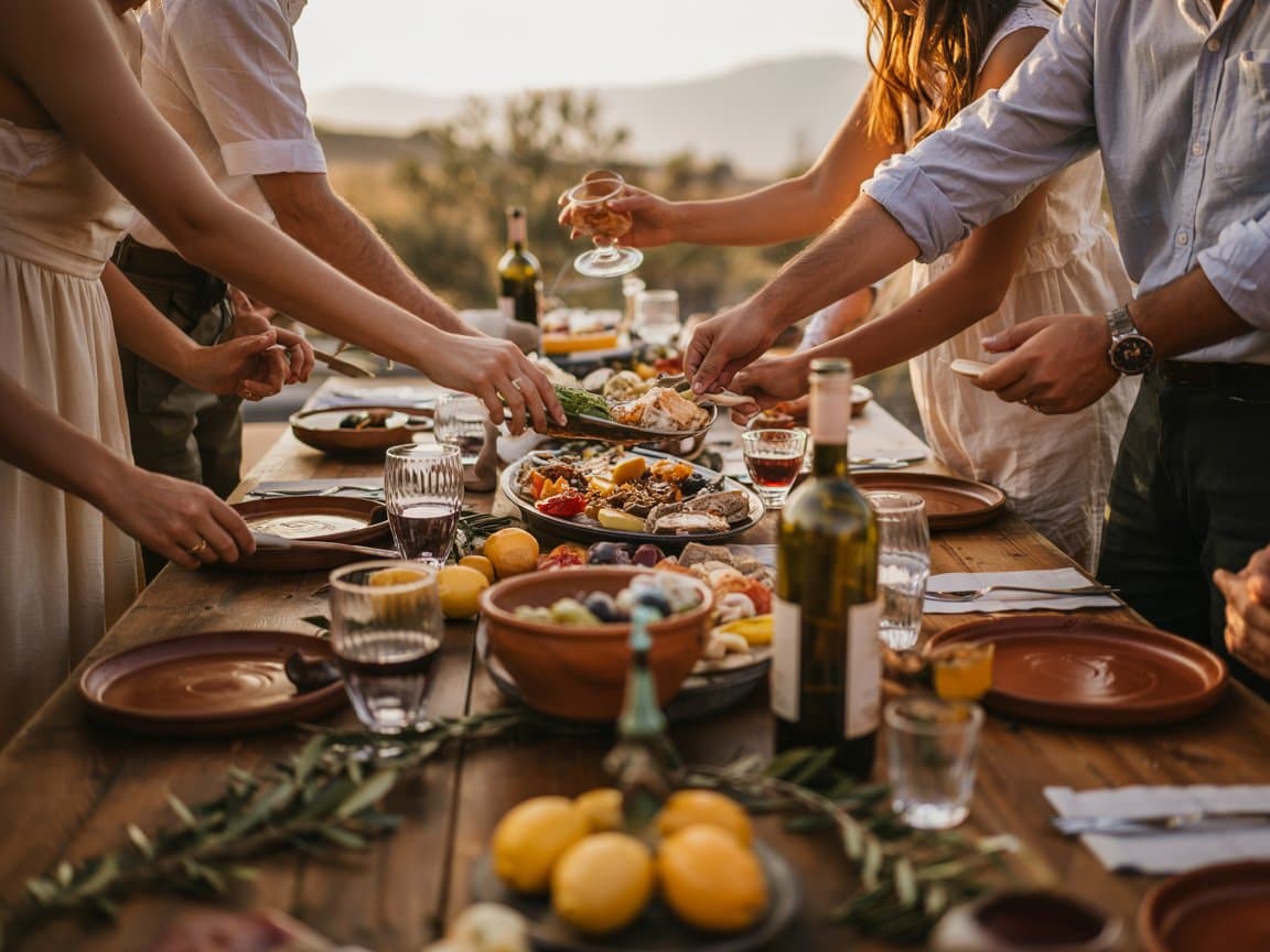 Outdoor backyard dinner table with shared plates, drinks, and a warm summer gathering feel.