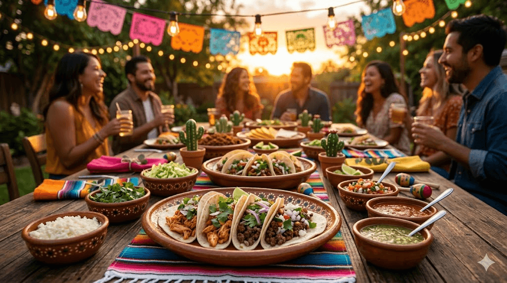 Graduation taco party table with colorful banners, lighting, and guests gathered at sunset.