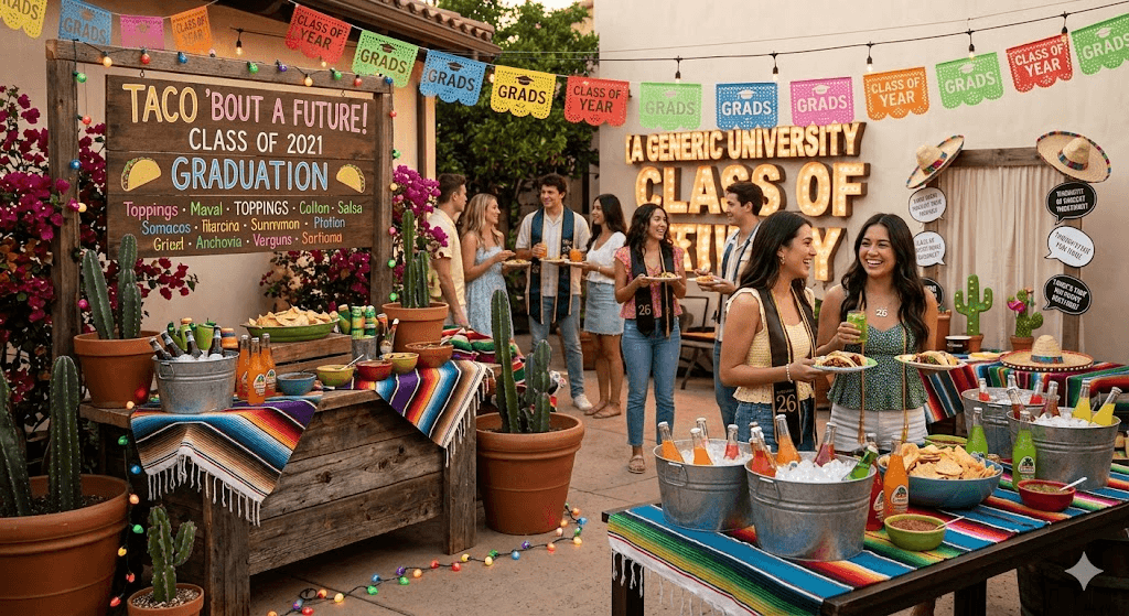 Graduation taco bar setup with signage, drinks, and guests celebrating outdoors.