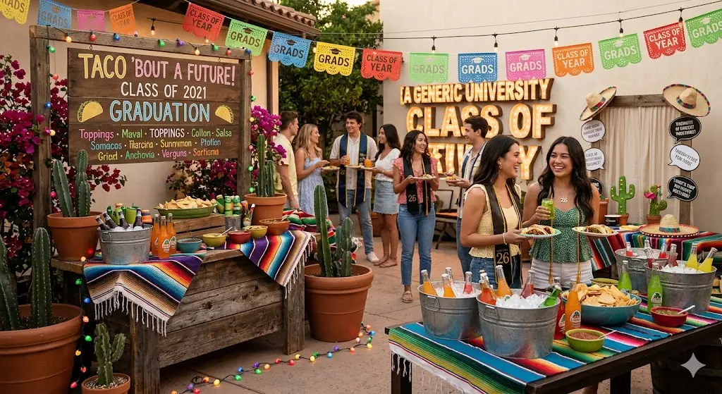 Graduation open house with food table, drinks, signs, and guests celebrating outdoors.