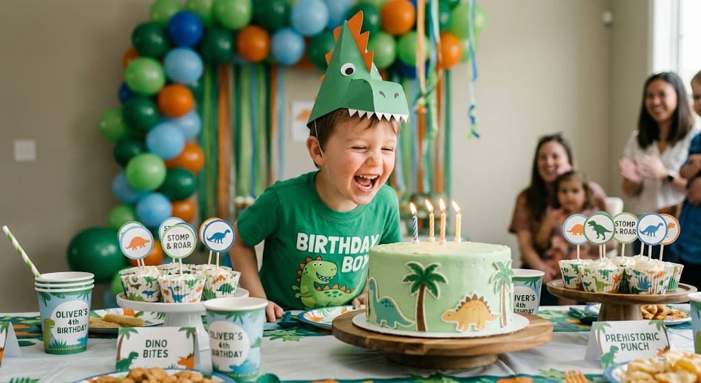 Dinosaur birthday party setup with balloons, cupcakes, and cake on a decorated table.