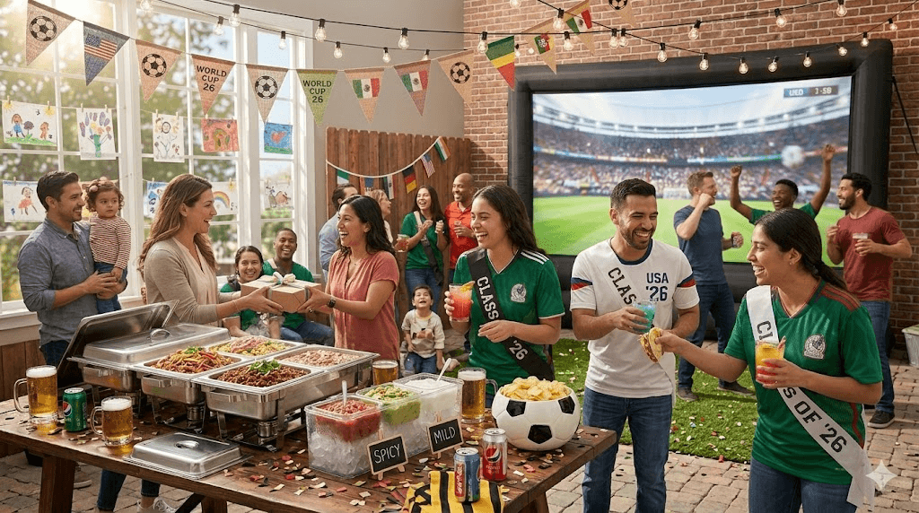 Cozy World Cup watch party setup in a living room with snacks and seating ready for guests.