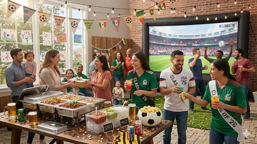 Cozy World Cup watch party setup in a home living room.