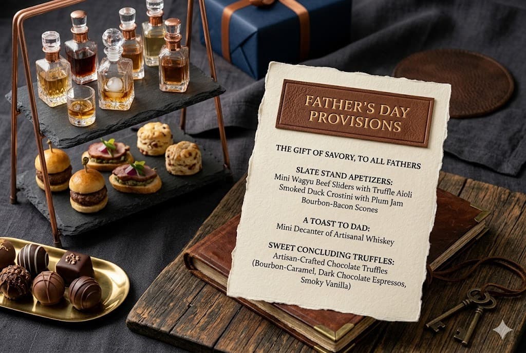 Father's Day food and drink setup with whiskey, sliders, and a menu card.