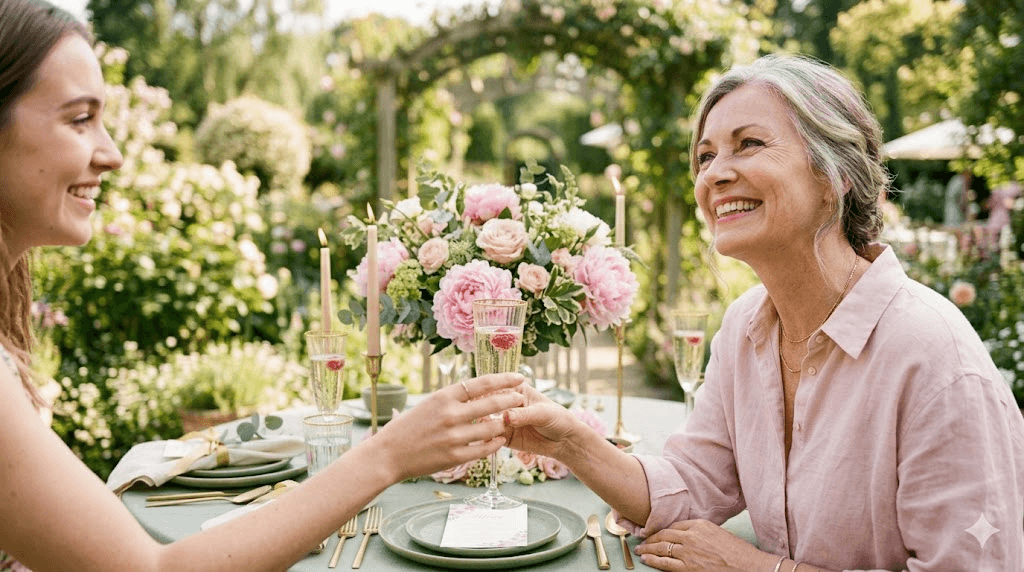 Mother's Day garden table with flowers, champagne, and soft brunch styling.