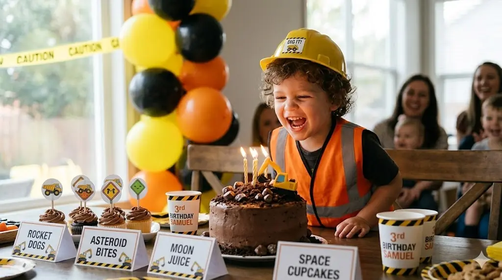 Construction birthday party scene with caution-themed decor and bright kid-friendly styling.
