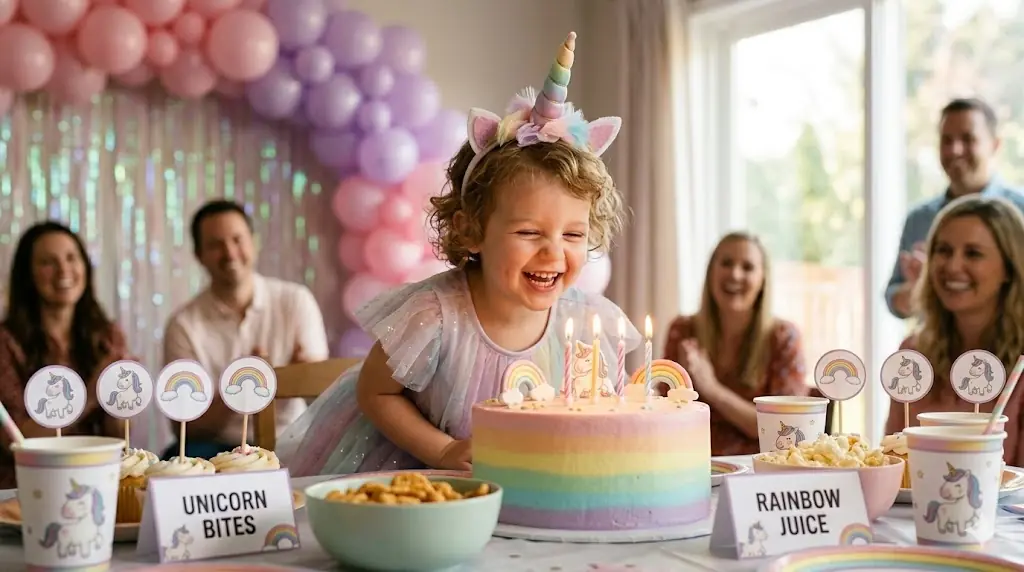 Unicorn birthday party setup with pastel colors, sweets, and whimsical decor.