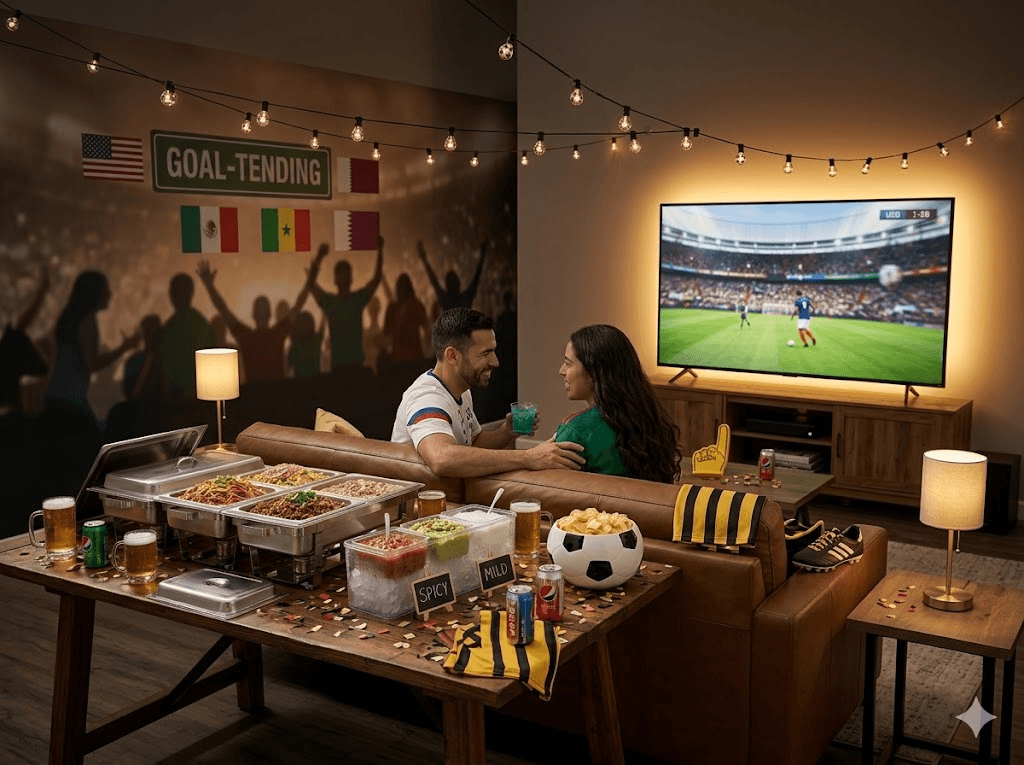 Snack-focused match-night table with party serving pieces.
