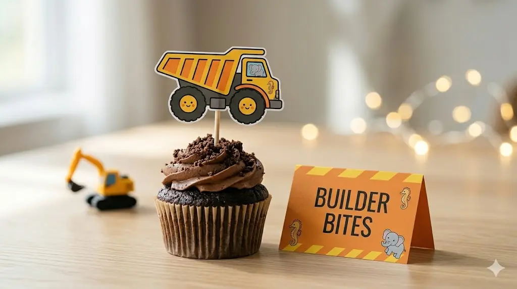 Kids gathered around a construction themed birthday dessert table