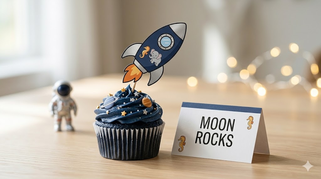 Kids playing at a space themed birthday snack table