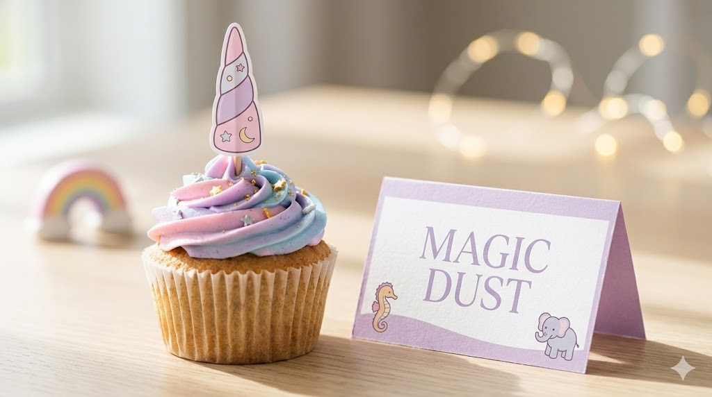 Kids laughing around a unicorn birthday dessert table