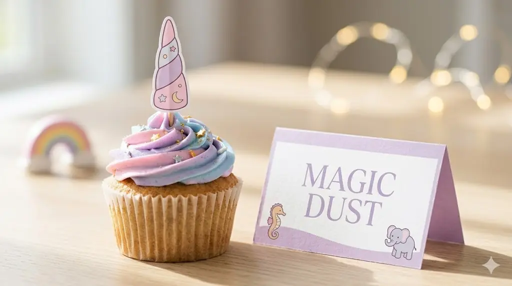 Kids laughing around a unicorn birthday dessert table